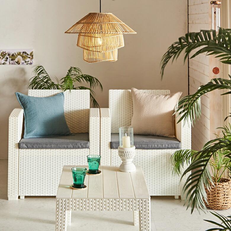 ガーデン リビング 4点セット テーブル ソファ ラタン調 ひじ掛け リゾート感 ベランダ テラス 庭 屋外 バルコニー アウトドア 家具 西海岸 91565 | ブランド登録なし | 09