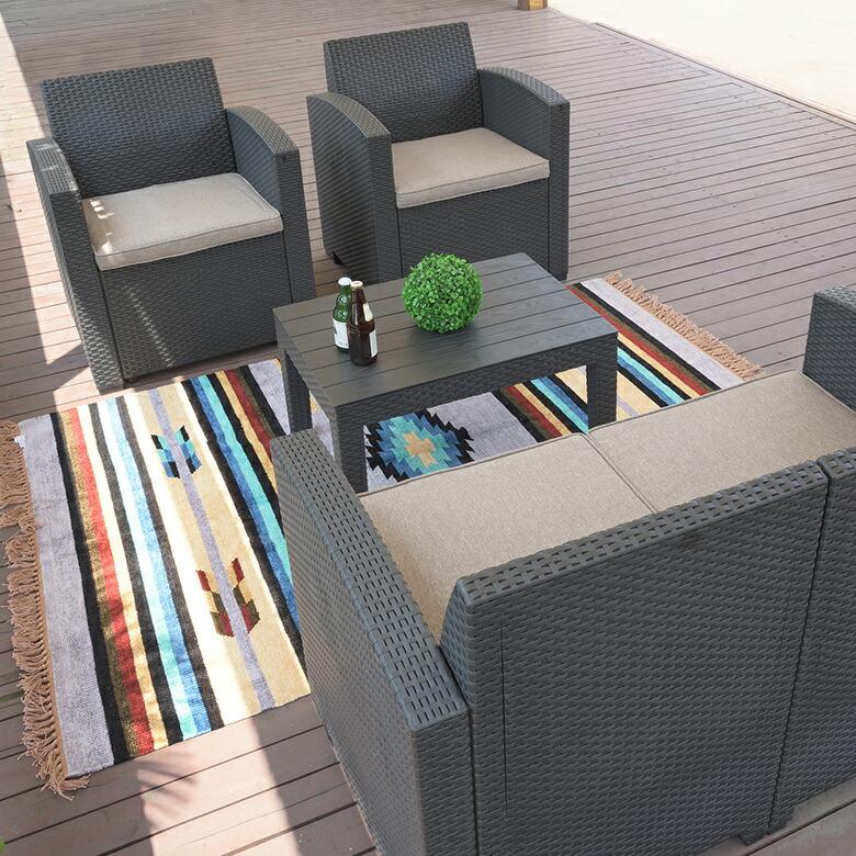 ガーデン リビング 4点セット テーブル ソファ ラタン調 ひじ掛け リゾート感 ベランダ テラス 庭 屋外 バルコニー アウトドア 家具 西海岸 91565 | ブランド登録なし | 11