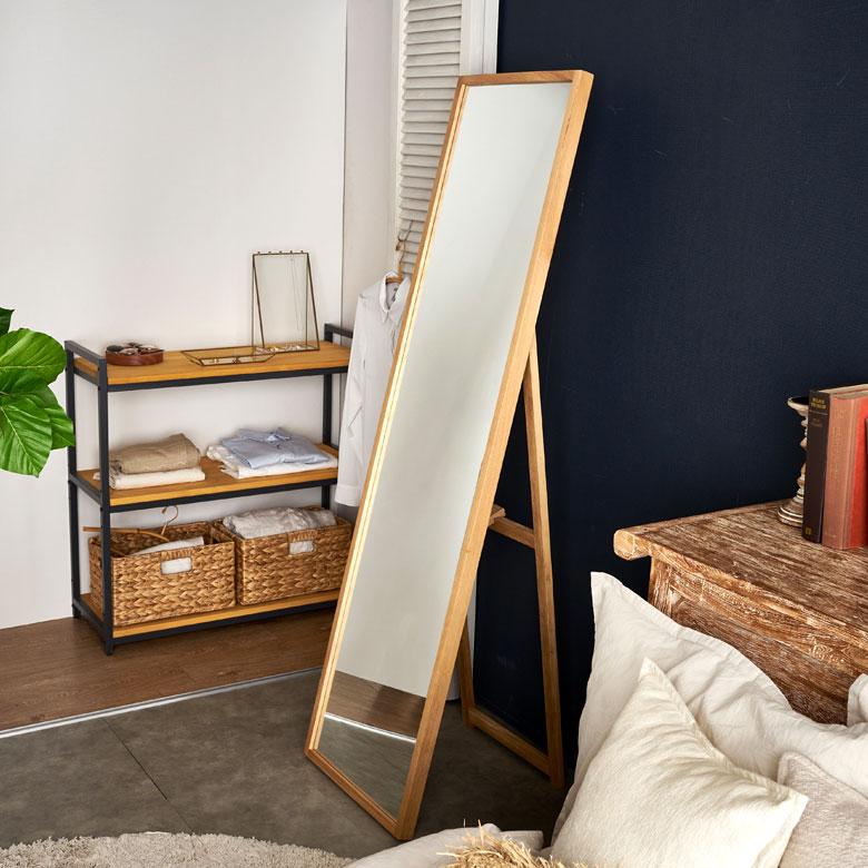 スタンド ミラー 壁掛け 鏡 オーク材 ナチュラル 約 W 43cm D 45cm H 158cm 姿見 全身 ウォール 飛散防止 おしゃれ 北欧 インテリア シンプル 西海岸風 91578 | 東谷 | 04