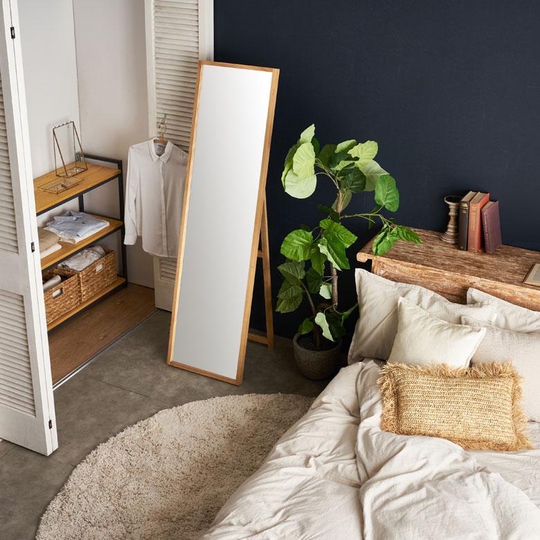 スタンド ミラー 壁掛け 鏡 オーク材 ナチュラル 約 W 43cm D 45cm H 158cm 姿見 全身 ウォール 飛散防止 おしゃれ 北欧 インテリア シンプル 西海岸風 91578 | 東谷 | 09