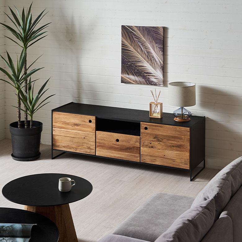 ロー ボード テレビ 台 天然 木 約 幅 145cm 引き出し 扉 付き 収納 棚