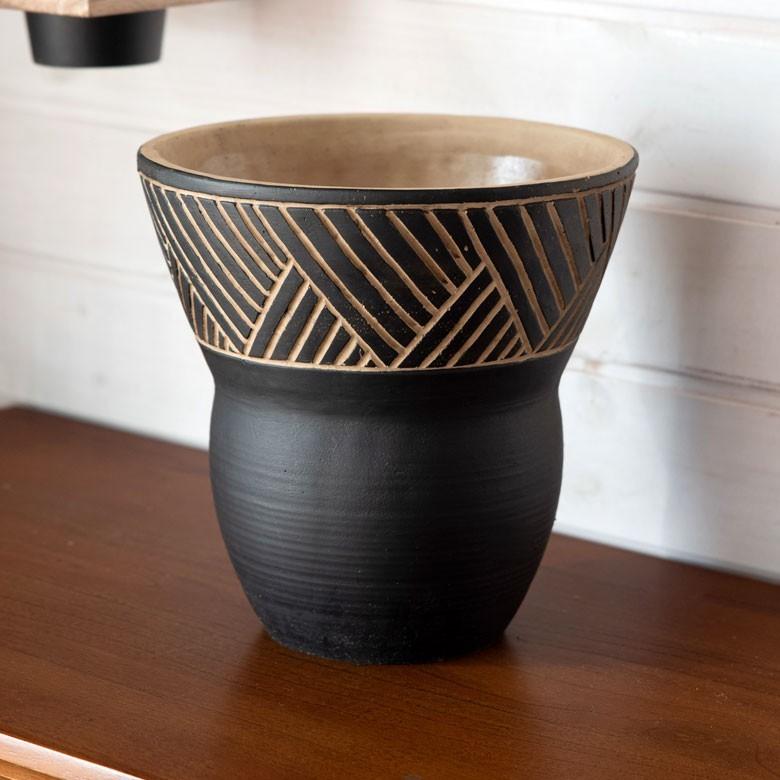 植木鉢 フラワーポット セメント 焼き物 置物 インテリア 和雑貨 アジア雑貨 おしゃれ モノトーン 幾何学柄 92136 | ブランド登録なし