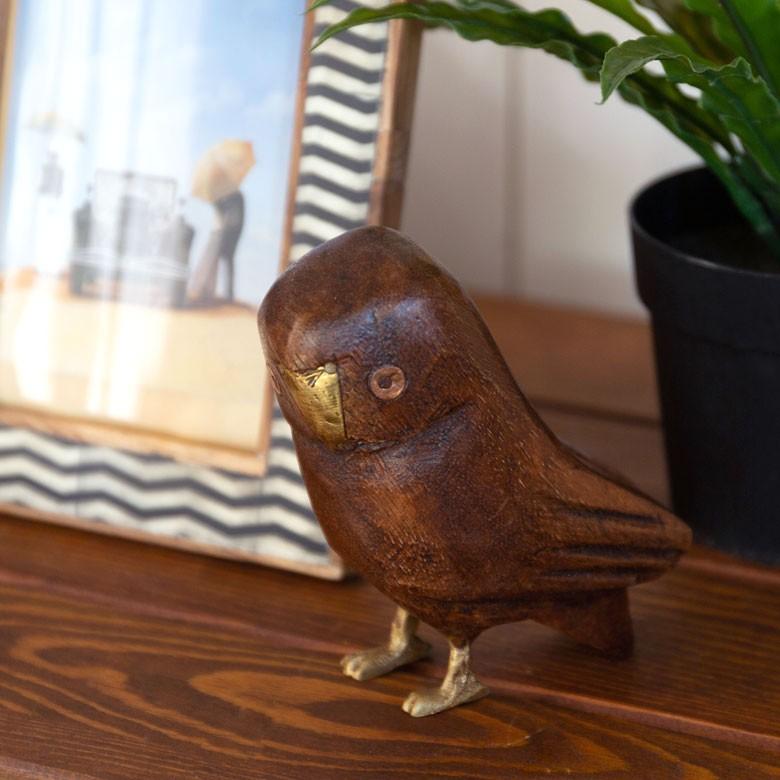 フクロウ 置物 オブジェ かわいい 玄関 縁起物 雑貨 高さ約10.5cm ラッキーアイテム ウッド 真鍮 インテリア おしゃれ 94221 | ブランド登録なし | 11