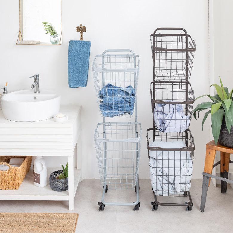 ランドリーラック バスケット かご 付 ワイヤー  スクエア 3段 縦型 ワゴン ランドリー ラック キャスター 洗濯 スリム 収納  洗濯物 入れ 北欧 おしゃれ 96045 | ブランド登録なし | 22