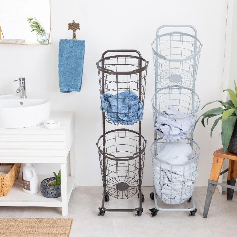 ランドリーラック バスケット かご 付 ワイヤー ラウンド 2段 縦型 ワゴン ランドリー ラック キャスター 洗濯 スリム 収納  洗濯物 入れ 北欧 おしゃれ 96046 | ブランド登録なし | 22