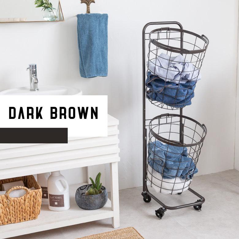 ランドリーラック バスケット かご 付 ワイヤー ラウンド 2段 縦型 ワゴン ランドリー ラック キャスター 洗濯 スリム 収納  洗濯物 入れ 北欧 おしゃれ 96046 | ブランド登録なし | 05