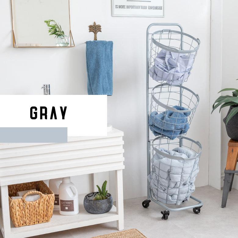ランドリーラック バスケット かご 付 ワイヤー ラウンド 3段 縦型 ワゴン ランドリー ラック キャスター 洗濯 スリム 収納  洗濯物 入れ 北欧 おしゃれ 96047 | ブランド登録なし | 05