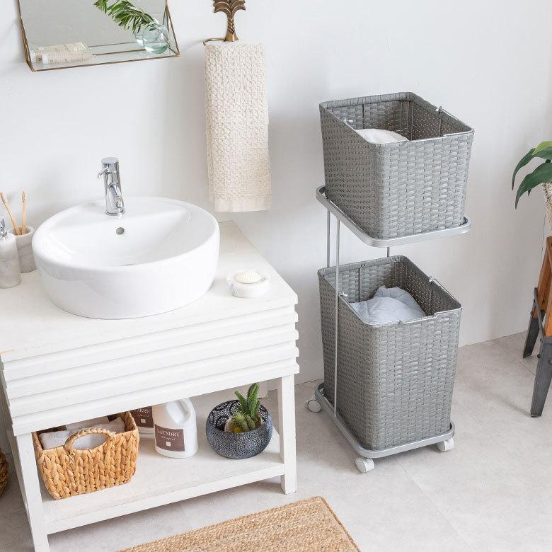 ランドリーラック バスケット かご 付 防水 スクエア 2段 縦型 ワゴン 水平 ランドリー ラック キャスター 洗濯 スリム 収納  洗濯物 入れ 北欧 おしゃれ 96056 | ブランド登録なし | 22