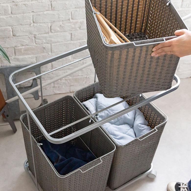 ランドリーラック バスケット かご 付 防水 スクエア 2段 縦型 ワゴン 水平 ランドリー ラック キャスター 洗濯 ワイド 収納  洗濯物 入れ 北欧 おしゃれ 96057 | ブランド登録なし | 16