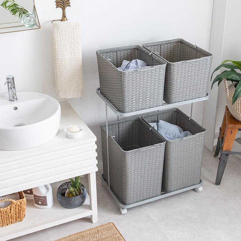 ランドリーラック バスケット かご 付 防水 スクエア 2段 縦型 ワゴン 水平 ランドリー ラック キャスター 洗濯 ワイド 収納  洗濯物 入れ 北欧 おしゃれ 96057 | ブランド登録なし | 22