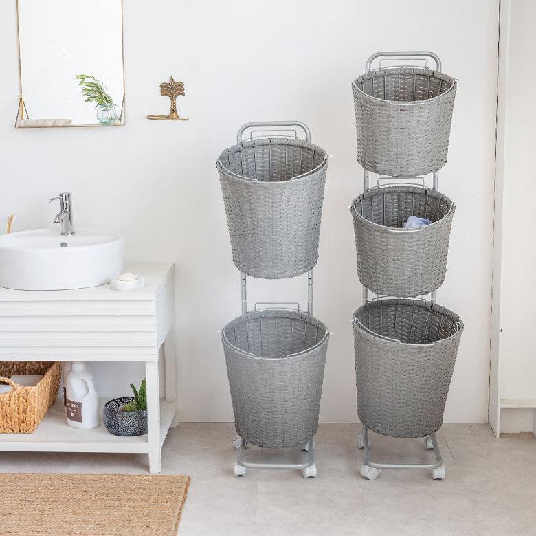 ランドリーラック バスケット かご 付 防水 ラウンド 2段 縦型 ワゴン ランドリー ラック キャスター 洗濯 スリム 収納  洗濯物 入れ 北欧 おしゃれ 96058 | ブランド登録なし | 22