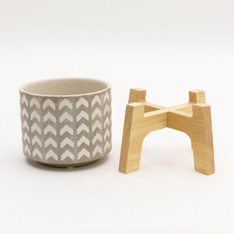 植木鉢 鉢カバー 直径13cm 陶器 テラコッタ ポット 木製スタンド ガーデン雑貨 インテリア グレー ホワイト スタンド付き 98915 | ブランド登録なし | 05