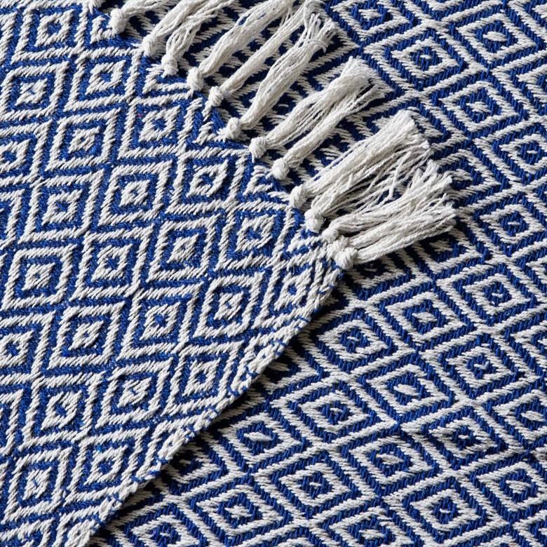 ブランケット ひざ掛け 約130×170cm 膝掛け ニットブランケット 毛布 大判 ブルー ジオメトリック柄 ダイヤモンド柄 肩掛 インド綿 コットン 防寒 a-3440 | ELEMENTS（インテリア） | 01