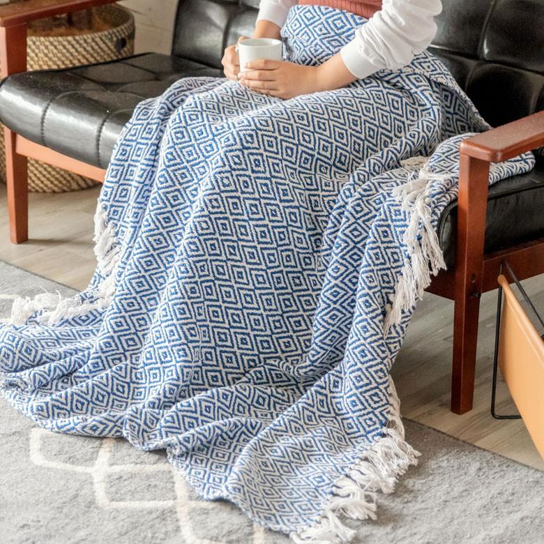 ブランケット ひざ掛け 約130×170cm 膝掛け ニットブランケット 毛布 大判 ブルー ジオメトリック柄 ダイヤモンド柄 肩掛 インド綿 コットン 防寒 a-3440 | ELEMENTS（インテリア） | 14