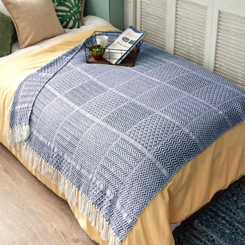 ブランケット ひざ掛け 約130×170cm 膝掛け ニットブランケット 毛布 大判 ブルー ジオメトリック柄 ダイヤモンド柄 肩掛 インド綿 コットン 防寒 a-3440 | ELEMENTS（インテリア） | 15