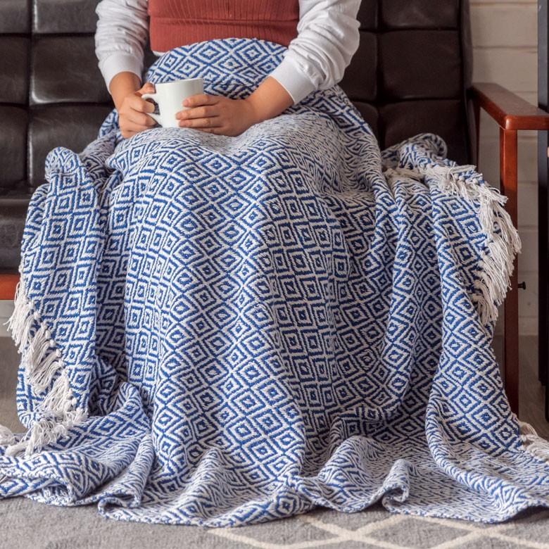 ブランケット ひざ掛け 約130×170cm 膝掛け ニットブランケット 毛布 大判 ブルー ジオメトリック柄 ダイヤモンド柄 肩掛 インド綿 コットン 防寒 a-3440 | ELEMENTS（インテリア） | 16