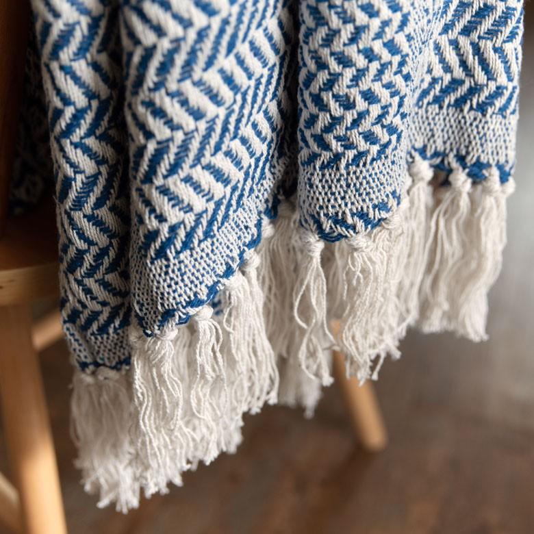 ブランケット ひざ掛け 約130×170cm 膝掛け ニットブランケット 毛布 大判 ブルー ジオメトリック柄 ダイヤモンド柄 肩掛 インド綿 コットン 防寒 a-3440 | ELEMENTS（インテリア） | 04