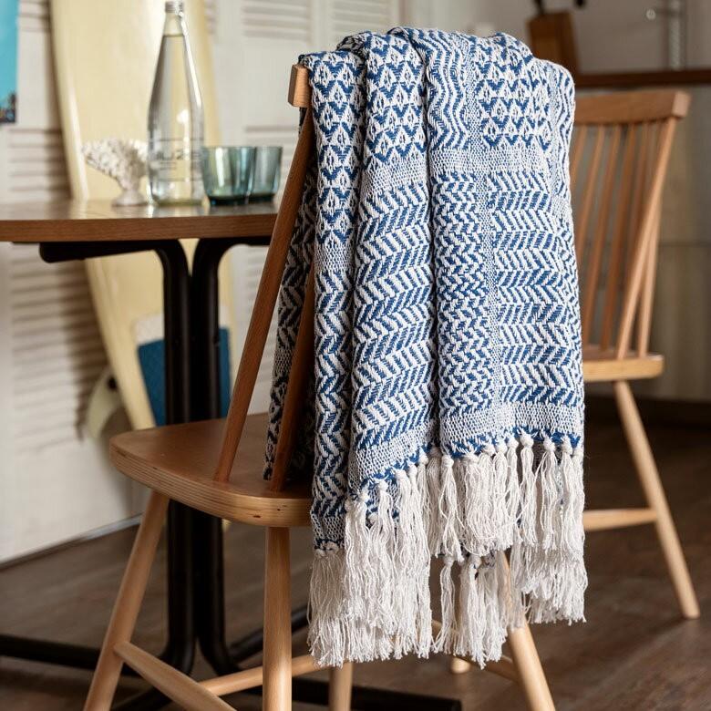 ブランケット ひざ掛け 約130×170cm 膝掛け ニットブランケット 毛布 大判 ブルー ジオメトリック柄 ダイヤモンド柄 肩掛 インド綿 コットン 防寒 a-3440 | ELEMENTS（インテリア） | 06