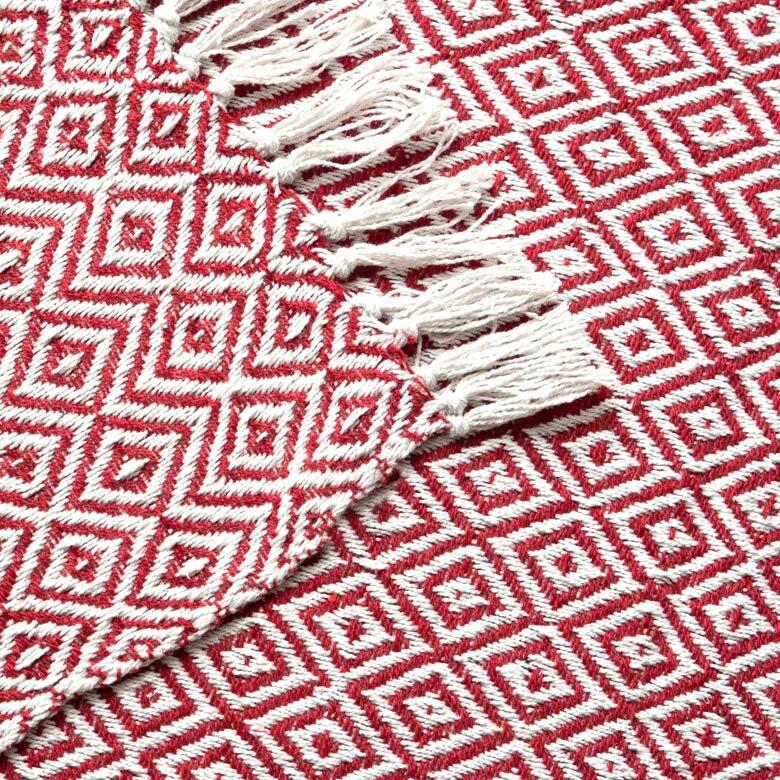 ブランケット ひざ掛け 約130×170cm 膝掛け ニットブランケット 毛布 大判 レッド ジオメトリック柄 ダイヤ柄 肩掛 インド綿 コットン 防寒 b-3440 | ブランド登録なし | 01