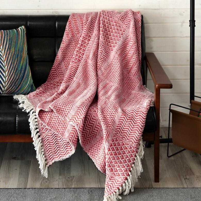 ブランケット ひざ掛け 約130×170cm 膝掛け ニットブランケット 毛布 大判 レッド ジオメトリック柄 ダイヤ柄 肩掛 インド綿 コットン 防寒 b-3440 | ブランド登録なし | 11