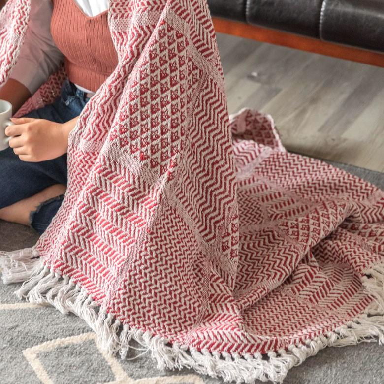 ブランケット ひざ掛け 約130×170cm 膝掛け ニットブランケット 毛布 大判 レッド ジオメトリック柄 ダイヤ柄 肩掛 インド綿 コットン 防寒 b-3440 | ブランド登録なし | 14