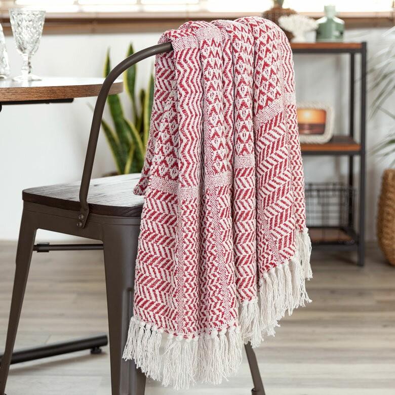 ブランケット ひざ掛け 約130×170cm 膝掛け ニットブランケット 毛布 大判 レッド ジオメトリック柄 ダイヤ柄 肩掛 インド綿 コットン 防寒 b-3440 | ブランド登録なし | 06