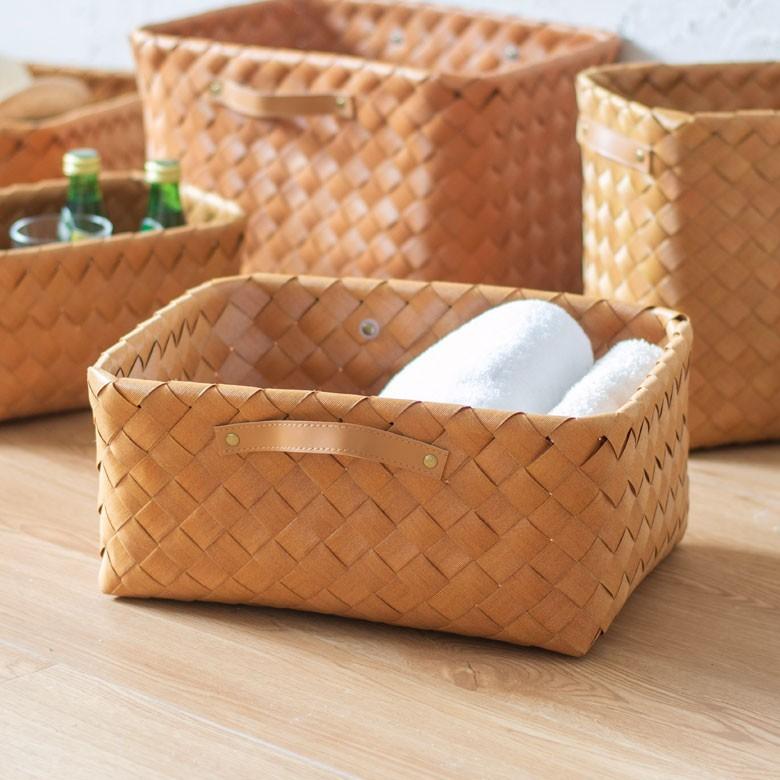 バスケット かご 浅型 持ち手付き 白樺風 フェイクシダー ハンドル付き