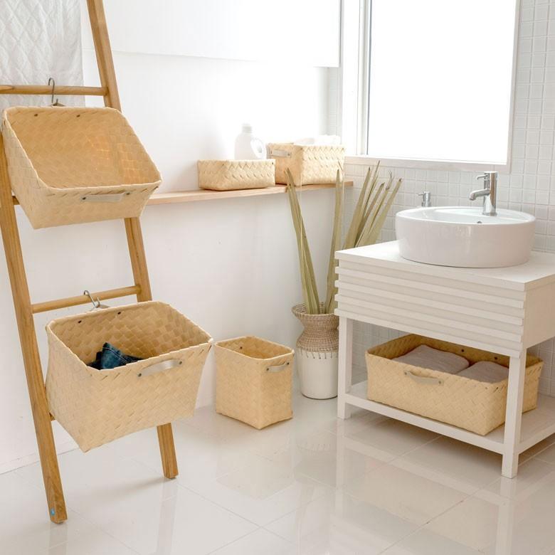 ELEMENTS バスケット かご 深型 3個セット 持ち手付き 白樺風 フェイク