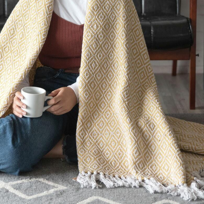 ブランケット ひざ掛け 約130×170cm 膝掛け ニットブランケット 毛布 大判 イエロー ジオメトリック柄 ダイヤモンド柄 肩掛 インド綿 コットン 防寒 d-3440 | ELEMENTS（インテリア） | 12