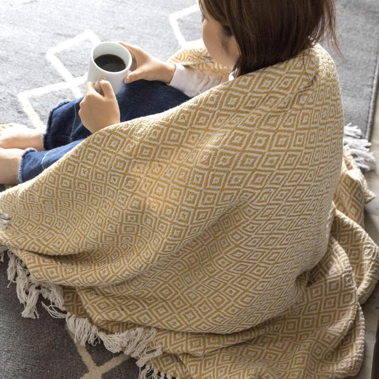 ブランケット ひざ掛け 約130×170cm 膝掛け ニットブランケット 毛布 大判 イエロー ジオメトリック柄 ダイヤモンド柄 肩掛 インド綿 コットン 防寒 d-3440 | ELEMENTS（インテリア） | 14