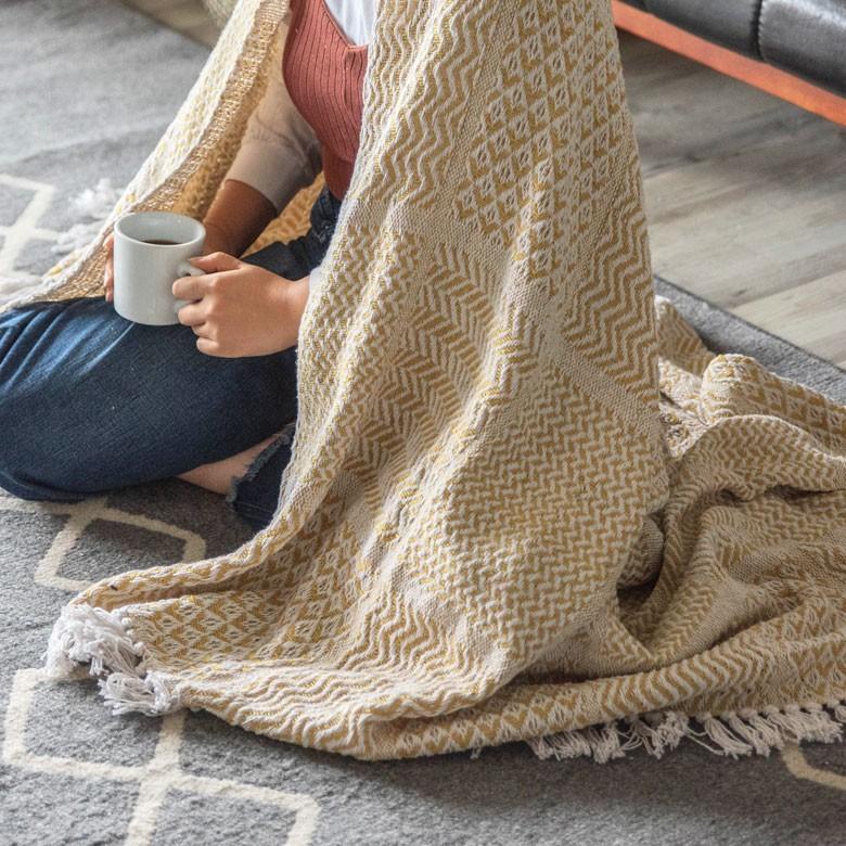 ブランケット ひざ掛け 約130×170cm 膝掛け ニットブランケット 毛布 大判 イエロー ジオメトリック柄 ダイヤモンド柄 肩掛 インド綿 コットン 防寒 d-3440 | ELEMENTS（インテリア） | 08