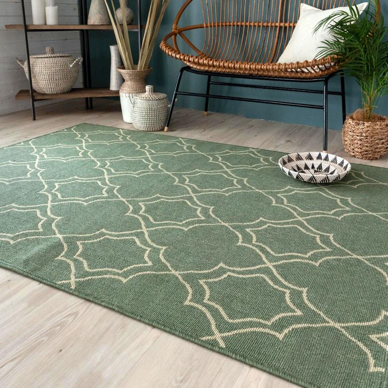 エジプト製幾何学模様の緑色 ラグ｜ラグ 幾何学 ラグマット ジュータン