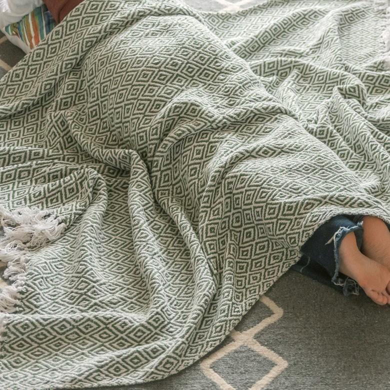 ブランケット ひざ掛け 約130×170cm 膝掛け ニットブランケット 毛布 大判 グリーン ジオメトリック柄 ダイヤモンド柄 肩掛 インド綿 コットン 防寒 f-3440 | ELEMENTS（インテリア） | 14