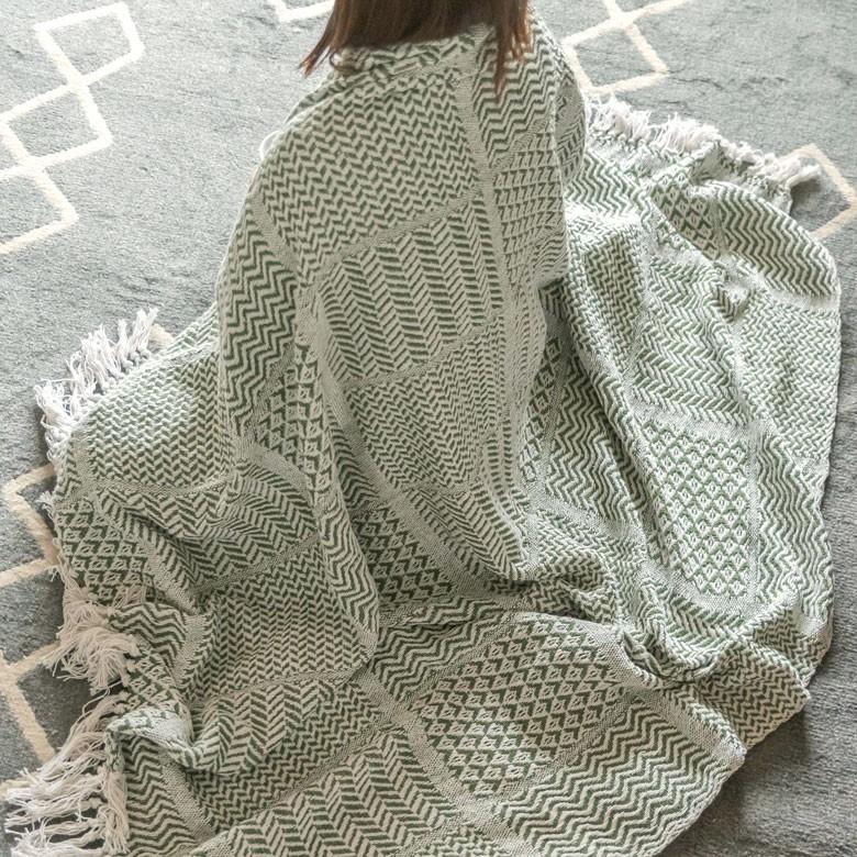 ブランケット ひざ掛け 約130×170cm 膝掛け ニットブランケット 毛布 大判 グリーン ジオメトリック柄 ダイヤモンド柄 肩掛 インド綿 コットン 防寒 f-3440 | ELEMENTS（インテリア） | 15
