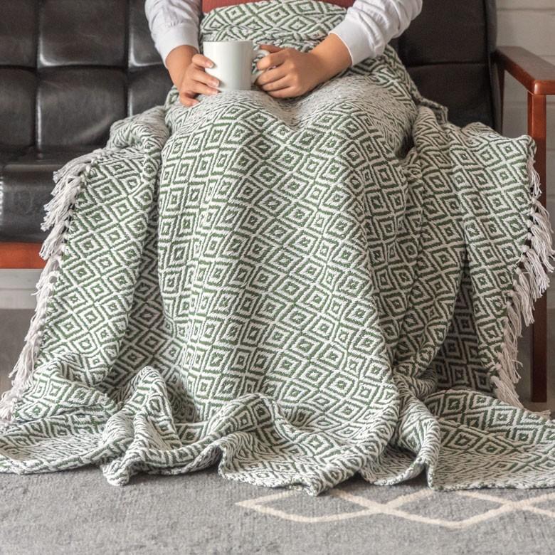 ブランケット ひざ掛け 約130×170cm 膝掛け ニットブランケット 毛布 大判 グリーン ジオメトリック柄 ダイヤモンド柄 肩掛 インド綿 コットン 防寒 f-3440 | ELEMENTS（インテリア） | 05