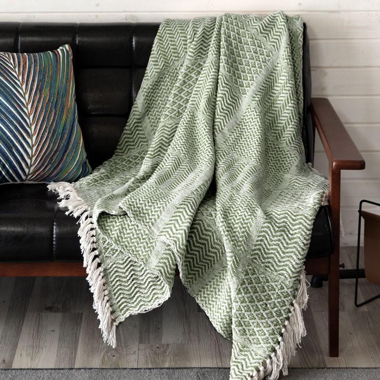 ブランケット ひざ掛け 約130×170cm 膝掛け ニットブランケット 毛布 大判 グリーン ジオメトリック柄 ダイヤモンド柄 肩掛 インド綿 コットン 防寒 f-3440 | ELEMENTS（インテリア） | 06