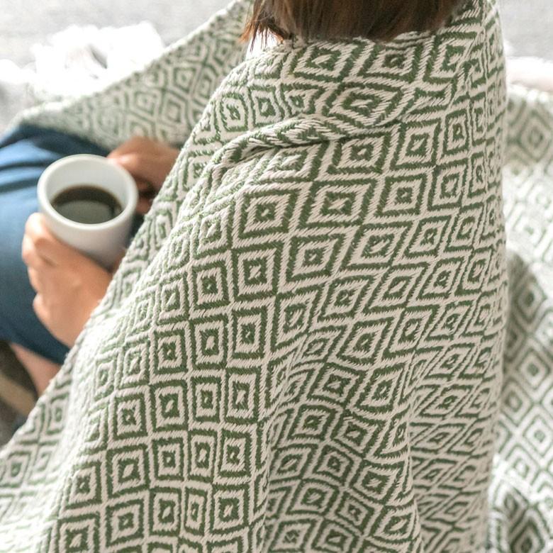 ブランケット ひざ掛け 約130×170cm 膝掛け ニットブランケット 毛布 大判 グリーン ジオメトリック柄 ダイヤモンド柄 肩掛 インド綿 コットン 防寒 f-3440 | ELEMENTS（インテリア） | 07