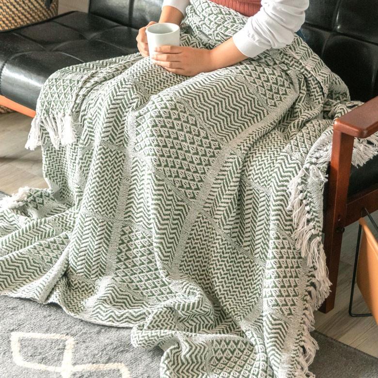 ブランケット ひざ掛け 約130×170cm 膝掛け ニットブランケット 毛布 大判 グリーン ジオメトリック柄 ダイヤモンド柄 肩掛 インド綿 コットン 防寒 f-3440 | ELEMENTS（インテリア） | 08