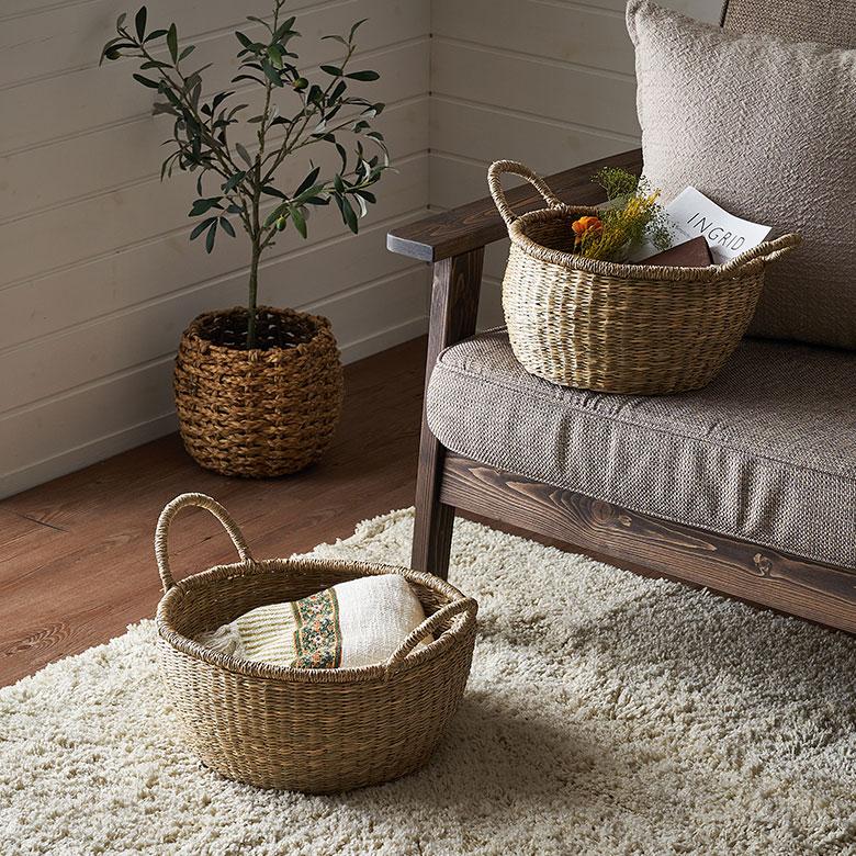 かご バスケット 持ち手 付き シーグラス Lサイズ ナチュラル 収納 荷物 入れ 衣類 おもちゃ 丸型 おしゃれ 北欧 西海岸 雑貨 l-vn5 | ELEMENTS（インテリア） | 07