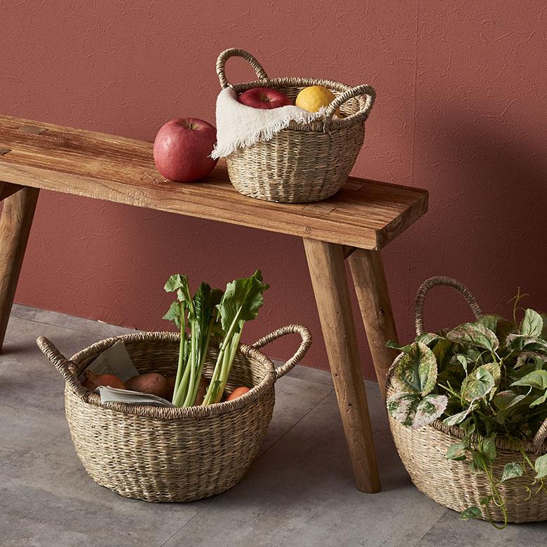 かご バスケット 持ち手 付き シーグラス Mサイズ ナチュラル 収納 荷物 入れ 衣類 おもちゃ 丸型 おしゃれ 北欧 西海岸 雑貨 m-vn50 | ELEMENTS（インテリア） | 12