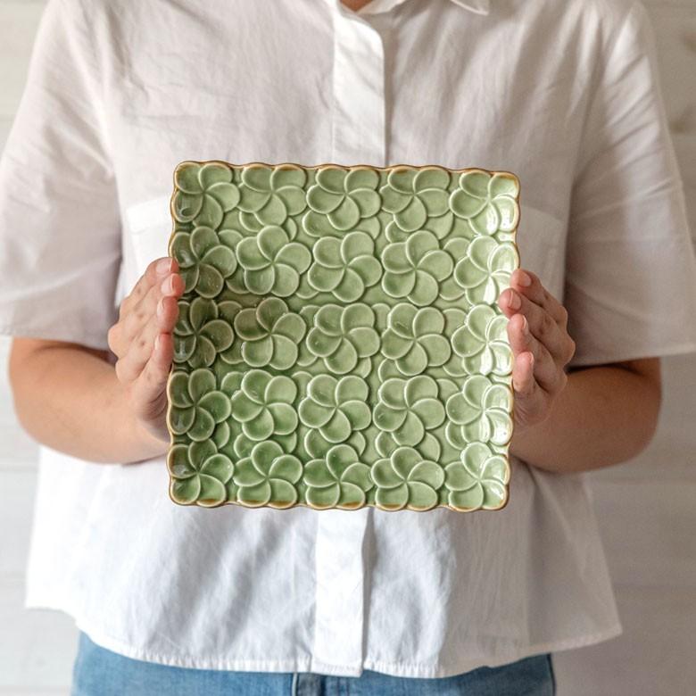 プレート 皿 中皿 角皿 小皿 食器 約17.8cm 正方形 陶器 プルメリア パーティー アジアン雑貨 pl10-668 | ブランド登録なし | 10
