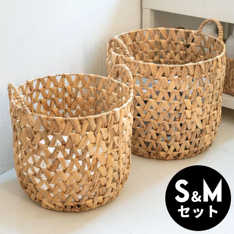 バスケット かご ウォーターヒヤシンスで編まれた透かし編みバスケット 持ち手つき M ナチュラル ラウンド 透かし編み カゴ 籠 プランターカバー Set Va 18 Elements 通販 Paypayモール