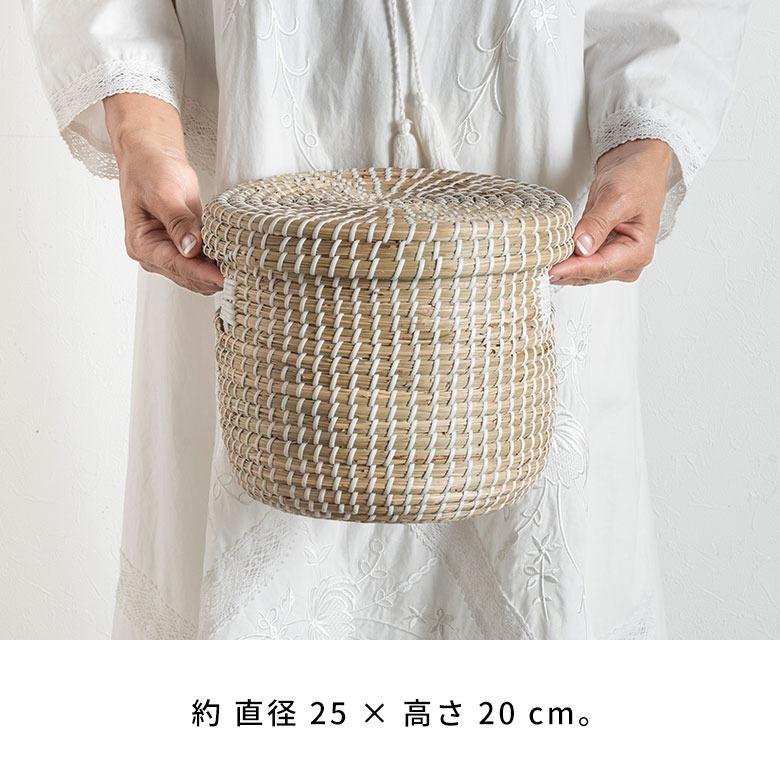 バスケット ふた付き 持ち手付き 小物収納 シーグラス製 丸型 25cm幅 Sサイズ かごバスケット 収納 セネガルバスケット 収納ボックス 蓋付き 収納カゴ va51154 | ELEMENTS（インテリア） | 09