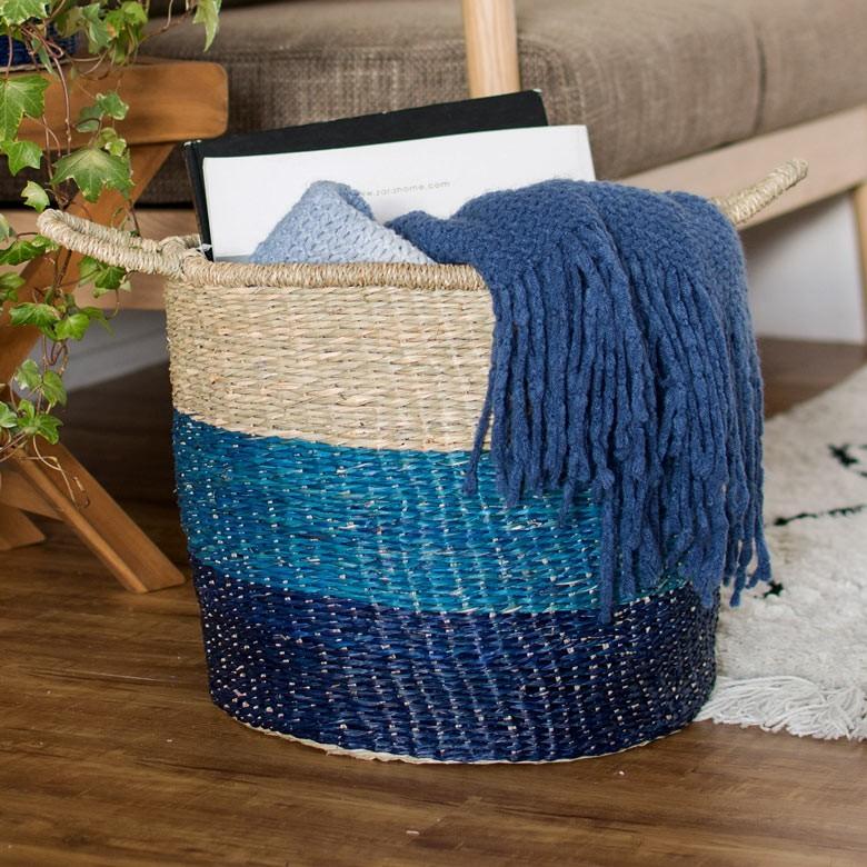 バスケット かご 収納 ハンドル付き シーグラス製 天然水草 ブルー 青 収納 Lサイズ 西海岸 ピクニック マリン ビーチ 取っ手 アジア工房 vk51203 | ELEMENTS（インテリア）