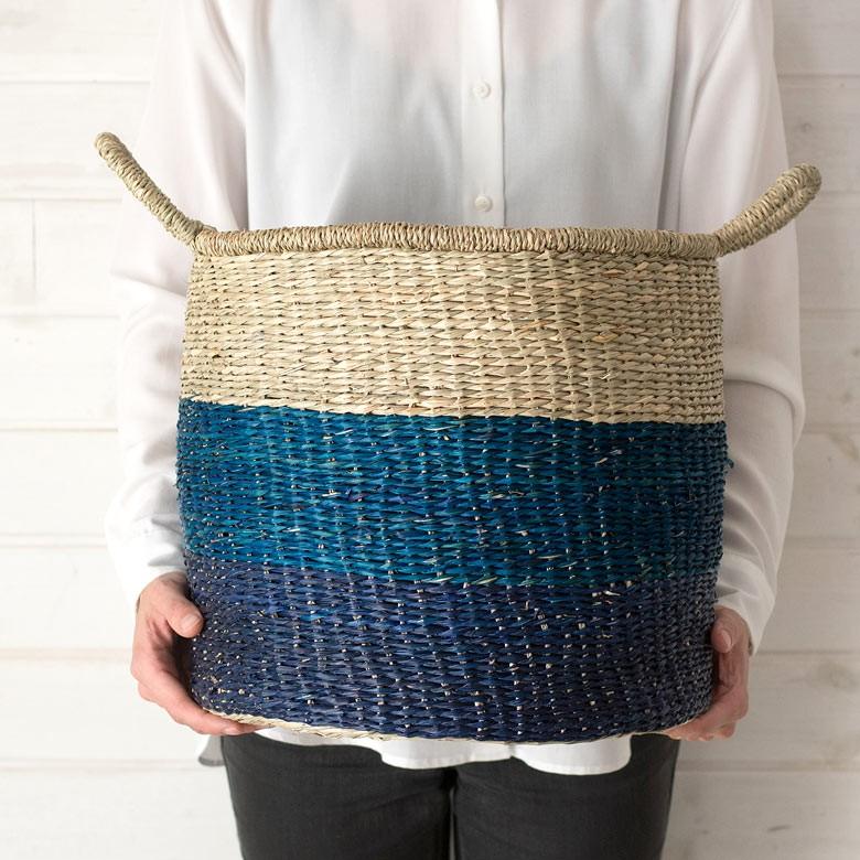 バスケット かご 収納 ハンドル付き シーグラス製 天然水草 ブルー 青 収納 Lサイズ 西海岸 ピクニック マリン ビーチ 取っ手 アジア工房 vk51203 | ELEMENTS（インテリア） | 02