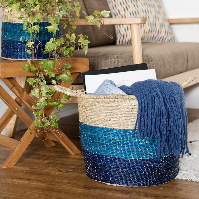 バスケット かご 収納 ハンドル付き シーグラス製 天然水草 ブルー 青 収納 Lサイズ 西海岸 ピクニック マリン ビーチ 取っ手 アジア工房 vk51203 | ELEMENTS（インテリア） | 03