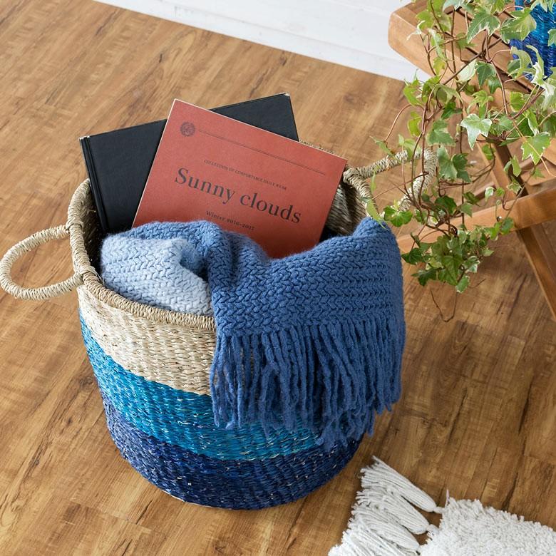 バスケット かご 収納 ハンドル付き シーグラス製 天然水草 ブルー 青 収納 Lサイズ 西海岸 ピクニック マリン ビーチ 取っ手 アジア工房 vk51203 | ELEMENTS（インテリア） | 05