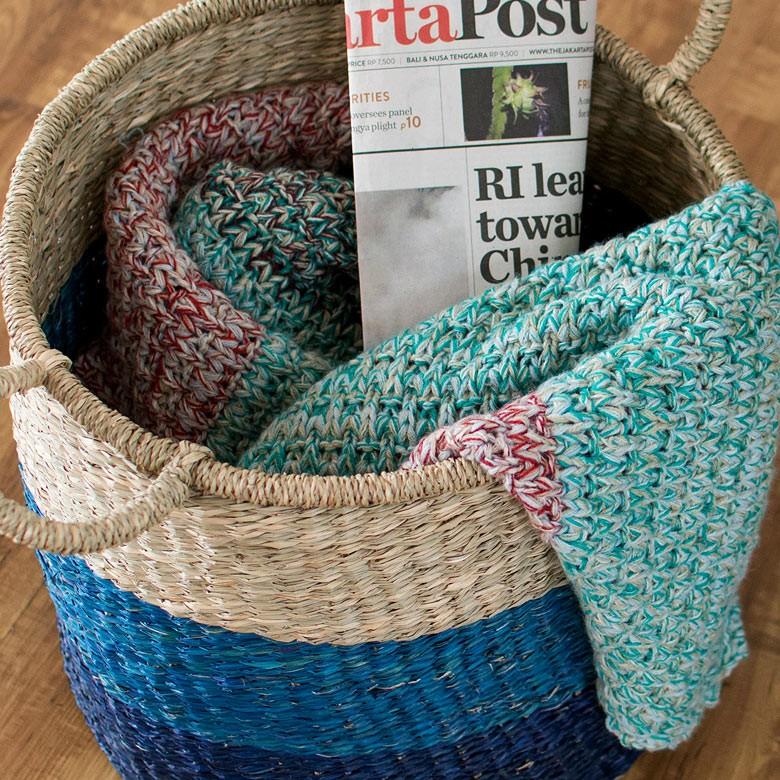 バスケット かご 収納 ハンドル付き シーグラス製 天然水草 ブルー 青 収納 Lサイズ 西海岸 ピクニック マリン ビーチ 取っ手 アジア工房 vk51203 | ELEMENTS（インテリア） | 06