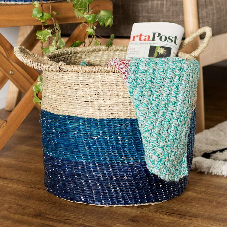 バスケット かご 収納 ハンドル付き シーグラス製 天然水草 ブルー 青 収納 Lサイズ 西海岸 ピクニック マリン ビーチ 取っ手 アジア工房 vk51203 | ELEMENTS（インテリア） | 09