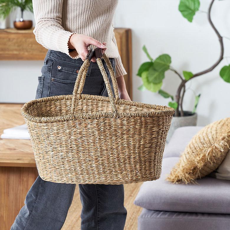 籐製　アンティーク　ハンドル付きバスケット 籐製 ハンドル付き カトラリーケース カトラリーバスケット